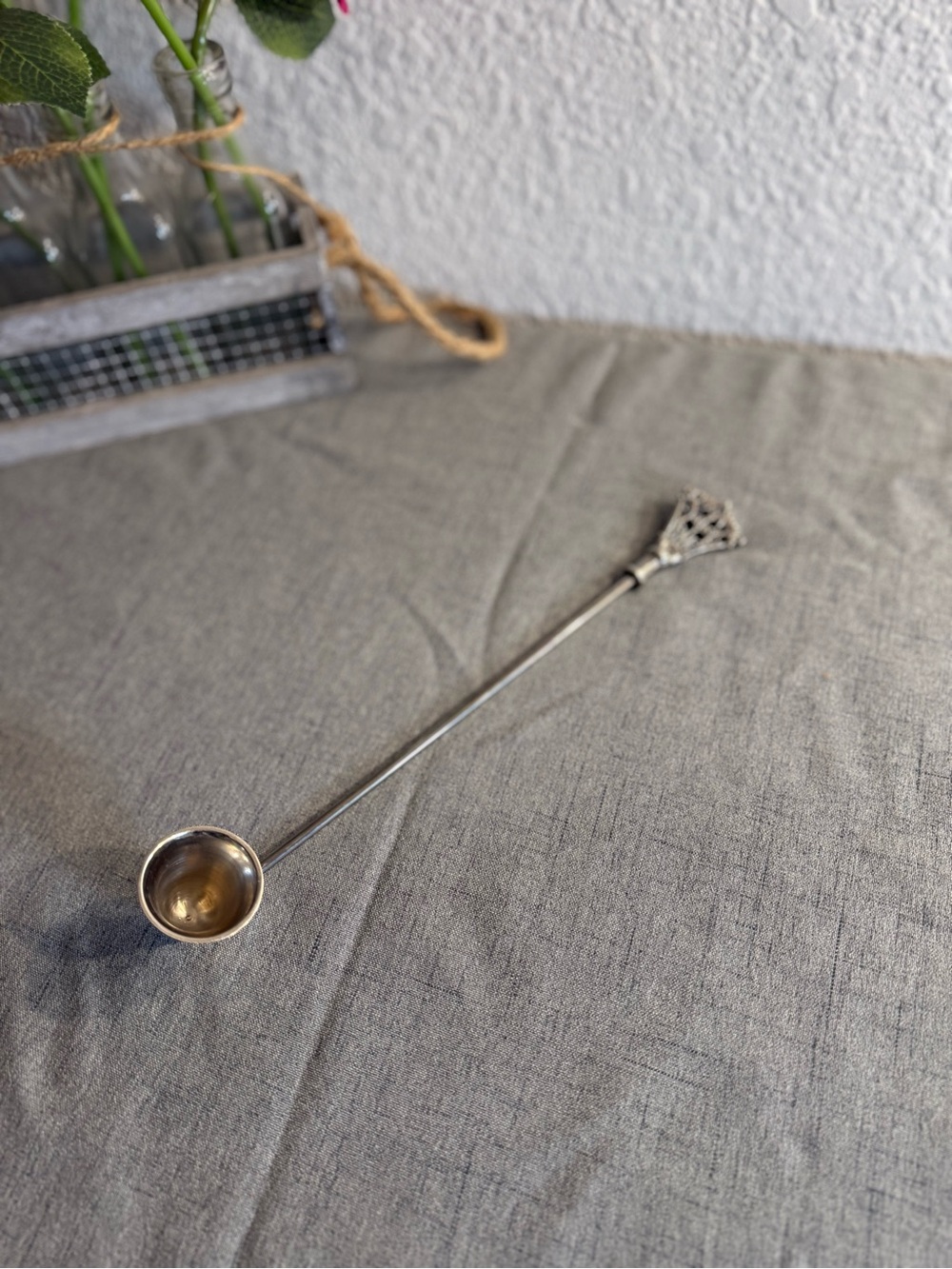 Silver Tone Candle Snuffer Extinguisher with Long Handle. 12” ornate handle.